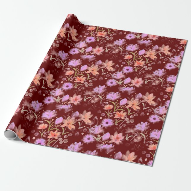 Burgundy och Blush Rosa Vintage Blommotiv Presentpapper (Utrullad)