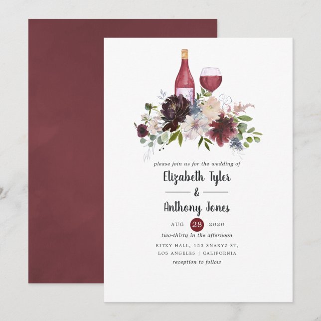 Burgundy och Blush Vin Tematisk Blommig Bröllop Inbjudningar (Fram/baksida)