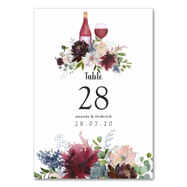Burgundy och Blush vinträffning bröllop Bordsnummer (Framsidan)