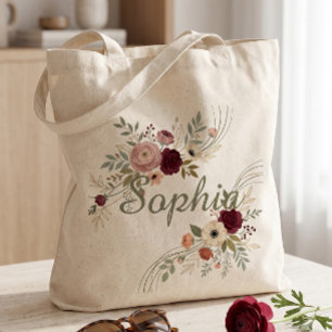 Burgundy och Blush Watercolor Blommig Personlig Tygkasse