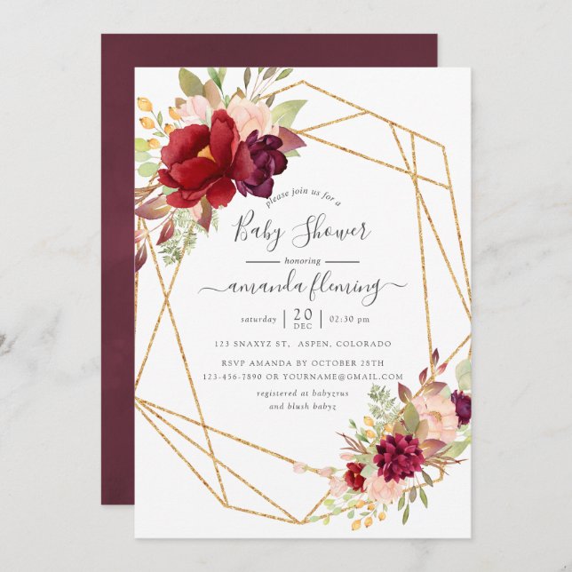 Burgundy och  Boho Geometric Baby Shower Inbjudningar (Fram/baksida)