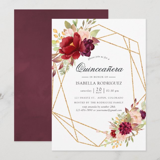 Burgundy och  Boho Geometric Quinceañera Inbjudningar (Fram/baksida)