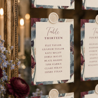 Burgundy och dammig blå bröllopsplatskarta bordsnummer