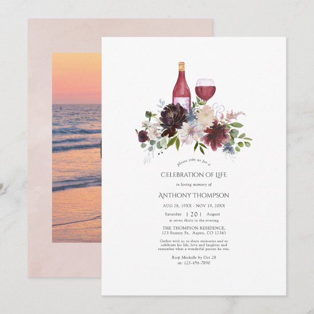 Burgundy och den  Blommigten Vin Firande i Life Inbjudningar (Fram/baksida)