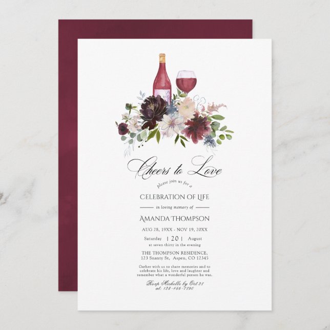 Burgundy och den  Blommigten Vin Firande i Life Inbjudningar (Fram/baksida)