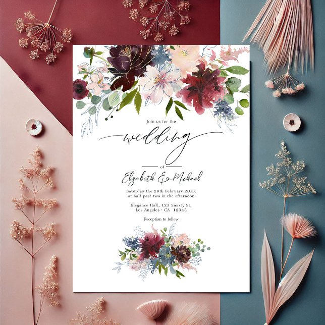 Burgundy,  och Dusty Blue Blommigt Bröllop Inbjudningar (Burgundy, Blush, and Dusty Blue Floral Wedding Invitation)