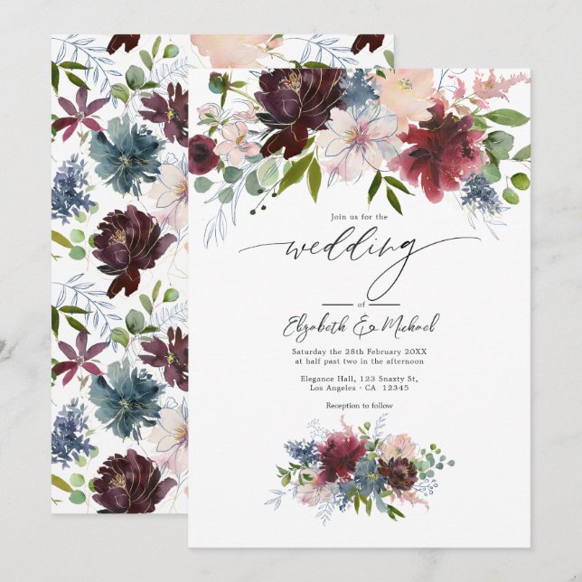 Burgundy,  och Dusty Blue Blommigt Bröllop Inbjudningar (Fram/baksida)