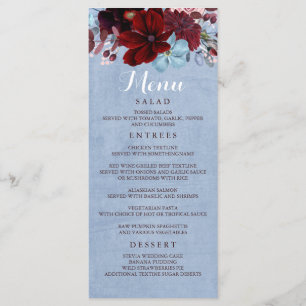 Burgundy och Dusty Blue Bröllop Menus Program