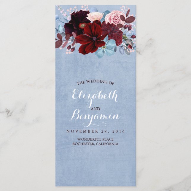 Burgundy och Dusty Blue-Bröllopsprogram Program (Framsida)