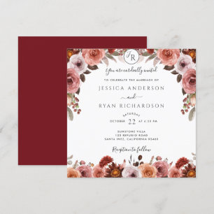Burgundy och , Elegant Blommigt Bröllop Inbjudningar