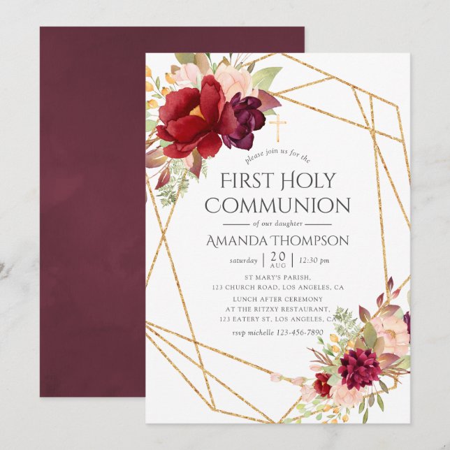 Burgundy och  Geometric First Heliga Communion Inbjudningar (Fram/baksida)