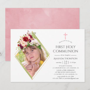 Burgundy och Geometric First Heliga Communion Inbjudningar