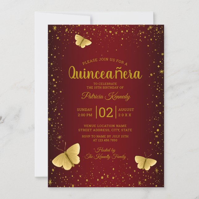 Burgundy och Glitter Butterfly Quinceanera från Gu Inbjudningar (Framsida)