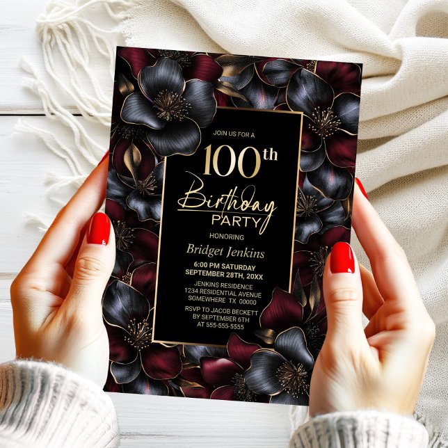 Burgundy och Grått Blommigt 100:e Födelsedagsfeste Inbjudningar (Skapare uppladdad)