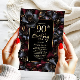Burgundy och Grått Blommigt 90:e Födelsedagsfest Inbjudningar