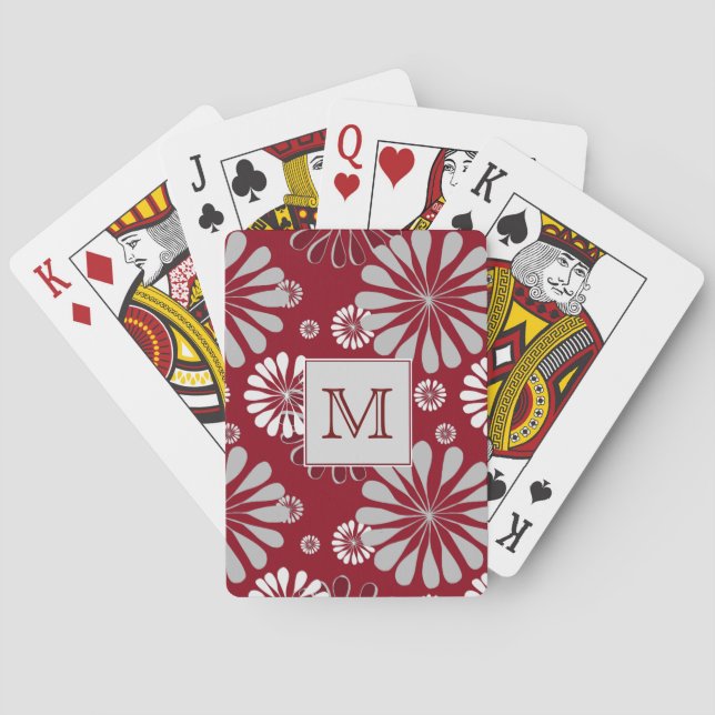 Burgundy och Grått Blommigt Monogram Casinokort (Baksidan)