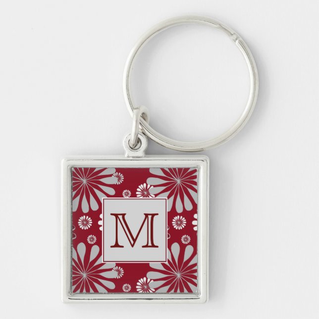Burgundy och Grått Blommigt Monogram Fyrkantig Silverfärgad Nyckelring (Framsidan)