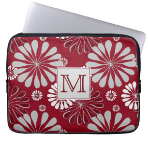 Burgundy och Grått Blommigt Monogram Laptop Fodral