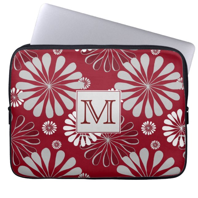 Burgundy och Grått Blommigt Monogram Laptop Fodral (Framsidan)
