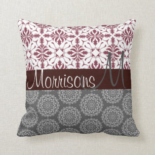 Burgundy och Grått Damask Monogram Kudde