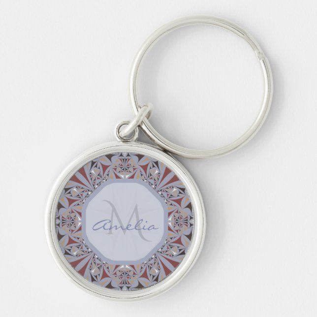 Burgundy och Grått Elegant Mönster Personlig Rund Silverfärgad Nyckelring (Framsidan)