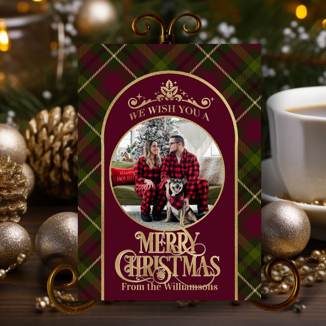 Burgundy och Grönt med Namn och fotojul Julkort (elegant classic Christmas card burgundy, green and gold personalized with family name and photo)
