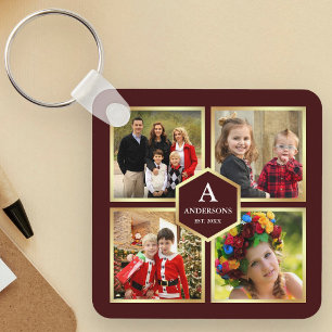 Burgundy och Guld 4 Bilder Family Photo Collage Nyckelring