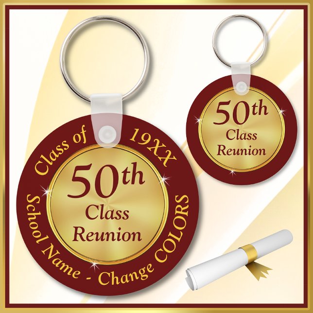 Burgundy och Guld, 50:e klass Reunion Favors, Nyckelring (Maroon and Gold, 50th Class Reunion Gifts. 50 year class reunion ideas. 50th class reunion favors. )