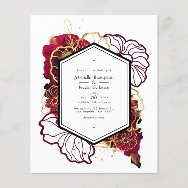 Burgundy och guld abstrakt blomsterbröllopsinbjuda flygblad (Framsidan)