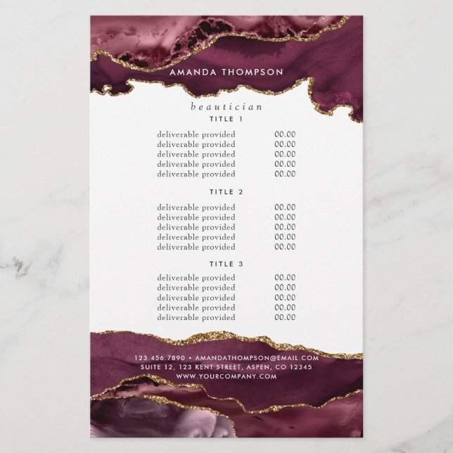 Burgundy och guld Agate Ädelstensprissättning Flygblad (Framsidan)