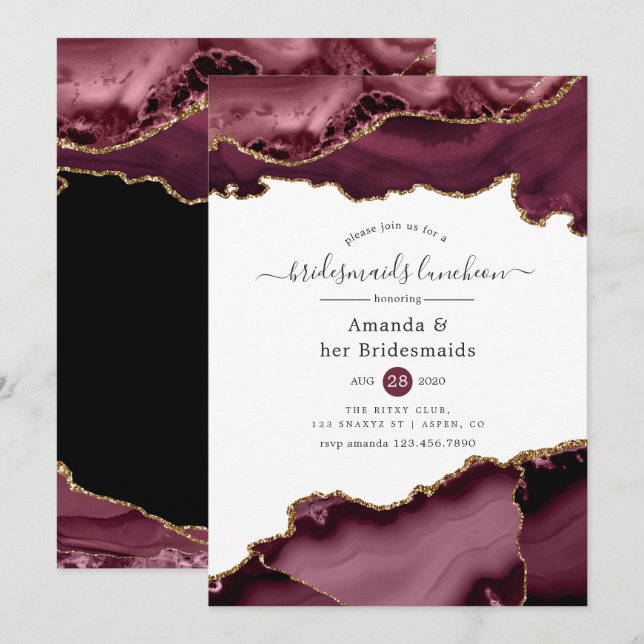 Burgundy och Guld Agate Bridesmaids Luncheon Inbjudningar (Fram/baksida)