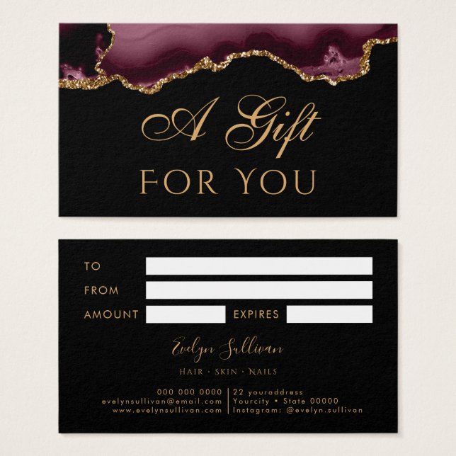 Burgundy och Guld Agate på Black Gift Card Visitkort (Framsida & baksida)