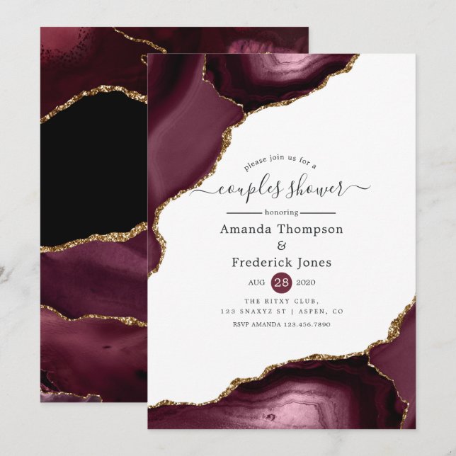 Burgundy och Guld Agate Par Shower Inbjudningar (Fram/baksida)