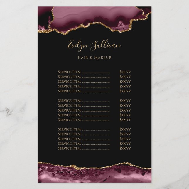 Burgundy och guld agate pris list-flygare flygblad (Framsidan)