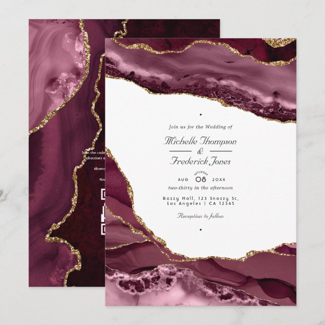 Burgundy och guld Agate QR-kod RSVP Bröllop Inbjudningar (Fram/baksida)