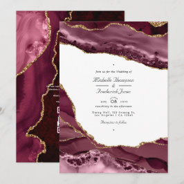 Burgundy och guld Agate QR-kod RSVP Bröllop Inbjudningar