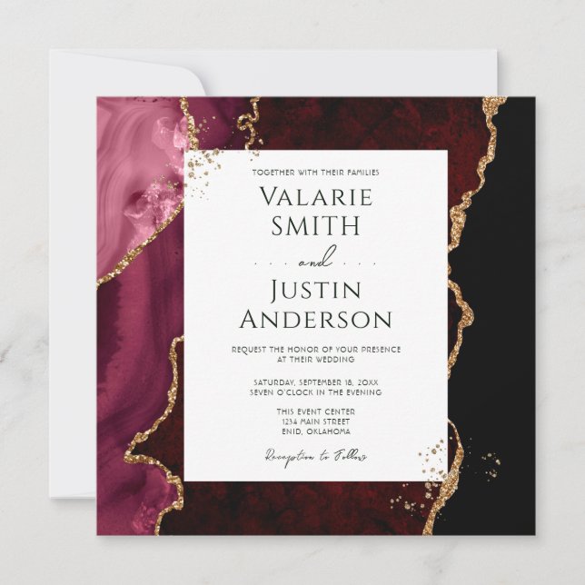 Burgundy och Guld Agate Stone Bröllop Inbjudningar (Framsida)