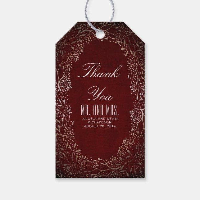 Burgundy och Guld Baby's Utandning Bröllop Presentetikett (Framsidan)