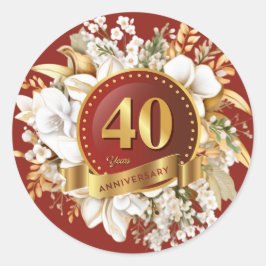 Burgundy Och Guld Blommig 40-årsjubileum  Runt Klistermärke