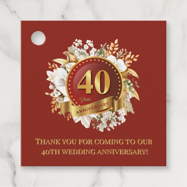 Burgundy och Guld Blommigt 40 Bröllop-årsdagen Gåvor Etiketter (Framsida)