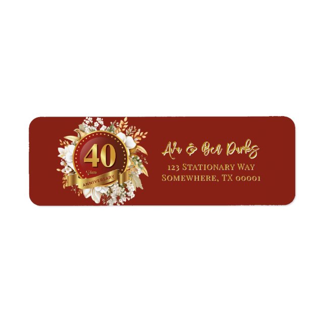 Burgundy och Guld Blommigt 40 Bröllop-årsdagen Returadress Etikett (Framsidan)