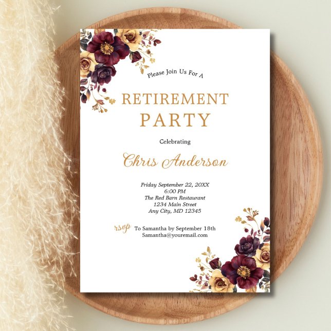 Burgundy och Guld Blommigt Elegant Pension Party Inbjudningar (Burgundy Gold Watercolor Florals Retirement Party invitation for her. Printed or Digital)