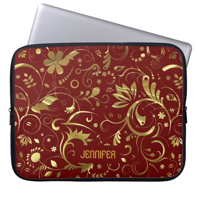 Burgundy och Guld Blommigt Fabric Mönster Laptop Sleeve (Framsidan)