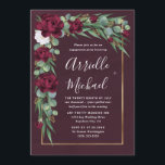 Burgundy och Guld Blommigt Fall Förlovningsfest Inbjudningar<br><div class="desc">Med en vin eller en burgundisk vattenfärg tvättar bakgrunden med elegant silver-dollar och sederad eukalyptus-löv med marsala/burgundblommor. Utformningen har även ett utskrivet guld gräns.</div>
