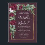 Burgundy och Guld Blommigt Fall Förlovningsfest Inbjudningar<br><div class="desc">Med en vin eller en burgundisk vattenfärg tvättar bakgrunden med elegant silver-dollar och sederad eukalyptus-löv med marsala/burgundblommor. Utformningen har även ett utskrivet guld gräns.</div>