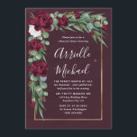 Burgundy och Guld Blommigt Fall Rehearsal Middag Inbjudningar<br><div class="desc">Med en vin eller en burgundisk vattenfärg tvättar bakgrunden med elegant silver-dollar och sederad eukalyptus-löv med marsala/burgundblommor. Utformningen har även ett utskrivet guld gräns.</div>