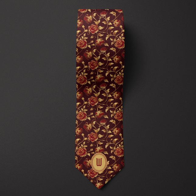 Burgundy och Guld Blommigt Monogram Slips (Skapare uppladdad)