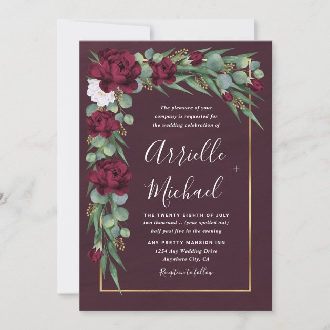 Burgundy och Guld Blommigt Watercolor Fall Wedding Inbjudningar (Framsida)