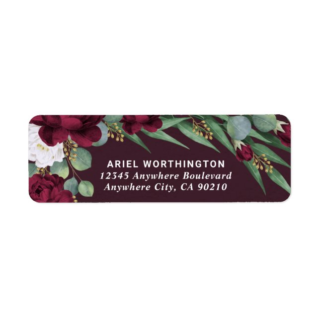 Burgundy och Guld Blommigt Watercolor Fall Wedding Returadress Etikett (Framsidan)