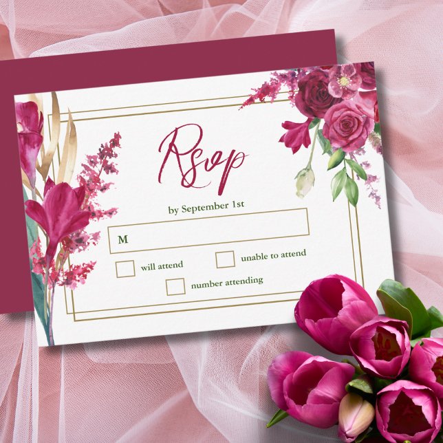 Burgundy och Guld Bloom Garden Wedding OSA kort (Skapare uppladdad)